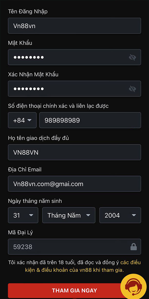 Đăng ký tài khoản Vn88